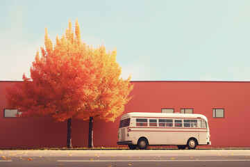 Obraz premium White bus and an orange trees in front of a red wall. Created with Generative AI technology