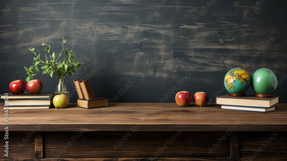 Poster a wooden table with books and apples. generative ai image.
