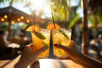 Friends toasting with tropical drinks on a sunny beach  - stock photography concepts - 634634425
