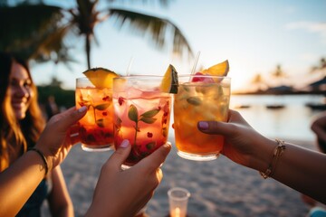 Friends toasting with tropical drinks on a sunny beach  - stock photography concepts - 634634428