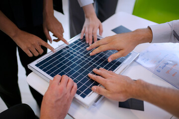 Vendor is meeting for solar panel. Environment and clean energy concept.
