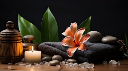 Obraz na płótnie Canvas Beautiful asian spa composition with candles, orchids, and massage hot stones on wellness center sustainable interior background. Beauty spa treatment and relaxation concept. Generative ai