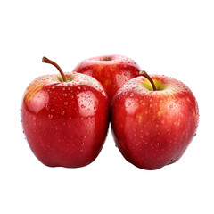 3 Delicious fresh red apples with drops of water isolated on a transparent background
