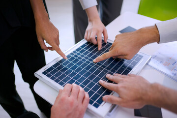 Vendor is meeting for solar panel. Environment and clean energy concept.