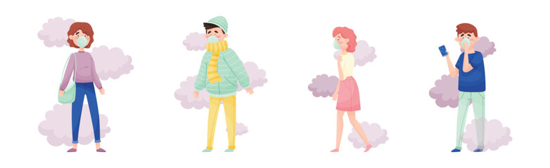 People Wearing Masks Because of Bad Air and Dust in the City Vector Set
