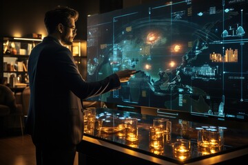 Man using a holographic interface to manipulate data - stock photography concepts