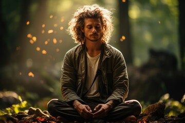 Naklejka na ściany i meble Meditator sitting in a peaceful forest with eyes closed - stock photography concepts