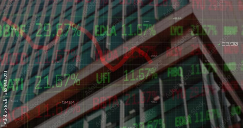 Poster animation of graphs and trading board over low angle view of building against sky