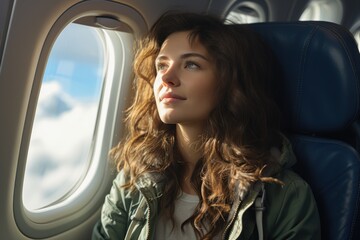 Passenger looking out of an airplane window - stock photography concepts