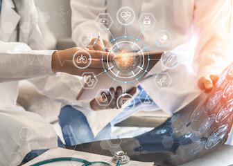 Telehealth, telemedicine doctor teamwork, surgeon, ER surgery team working in hospital medical clinic office diagnostic examining on patient care AI operation, professional teleclinic service