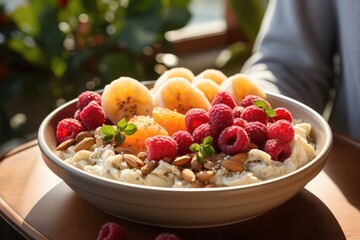 Person enjoying a nutritious breakfast with fresh fruit - stock photography concepts