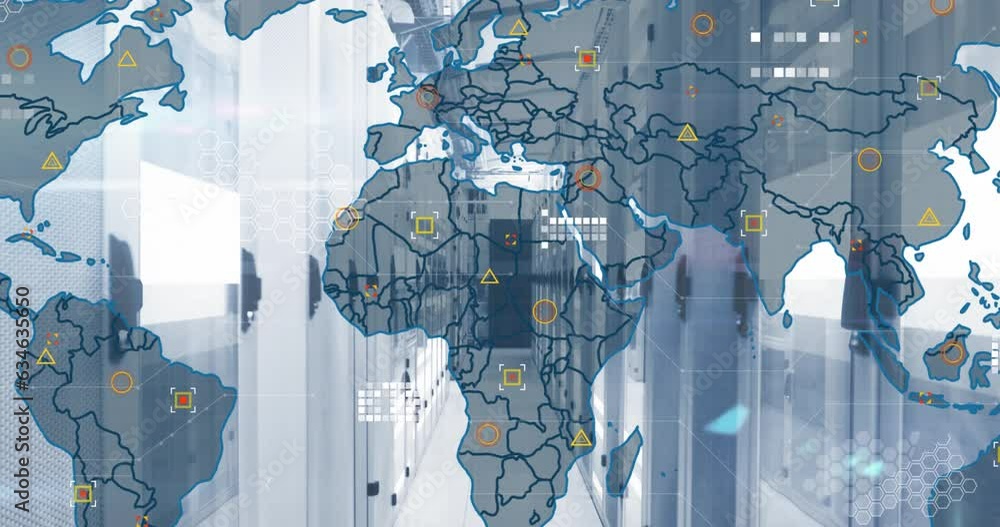 Aufkleber animation of circuit board pattern and map over server room in background