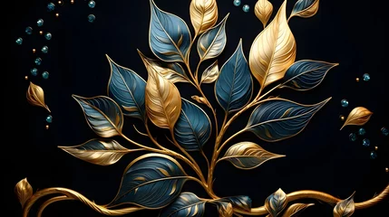 Fototapete Chinesische Mauer Blue and gold tree leaves design. Great for wall art and home decor. Golden and dark blue leaves on black background . Ai generative.