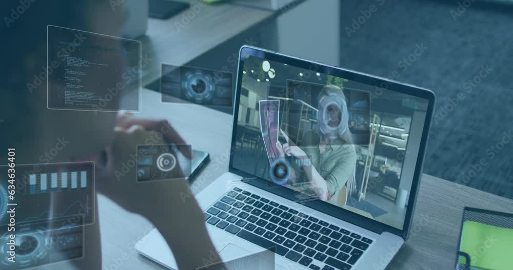 Poster animation of graphs, circles computer language, diverse female coworkers discussing on video call