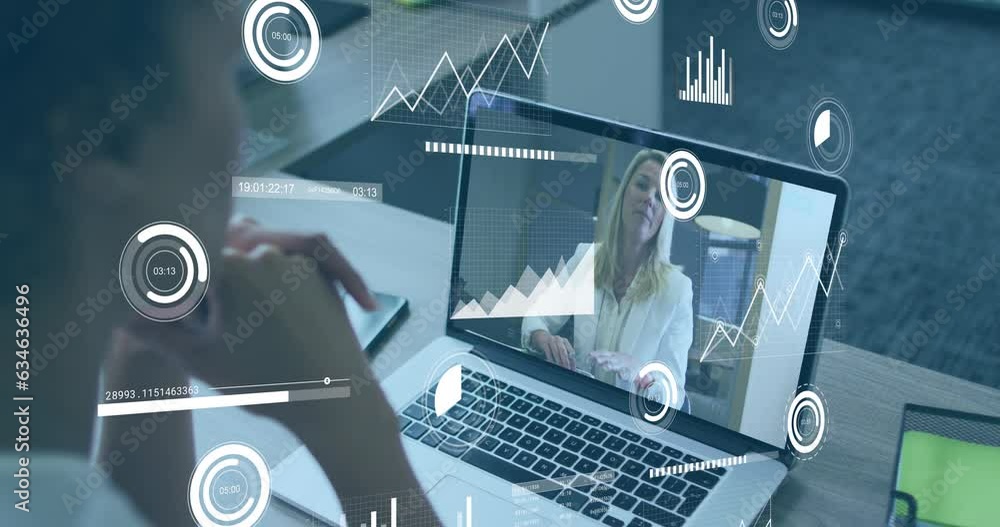 Poster animation of multiple graphs over diverse female coworkers discussing reports on video call