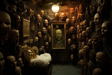 Halloween scary horror faces on the wall in a haunted room, with Generative AI