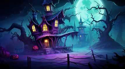 Cartoonish spooky haunted house from the outside at night with lightning and magical colors with smoke, scooby doo style with Generative AI
