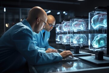 Scientist working with brain scan images on a computer  - stock photography concepts