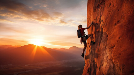 Obraz premium Young woman rock climbing in the during sunrise
