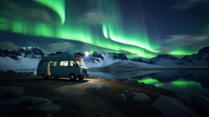 Fototapeta na wymiar Car camping with aurora night light