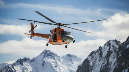 Rescue helicopter landing at snow mountains