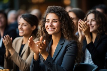 Teammates cheering and clapping for a members success - stock photography concepts - 634637078