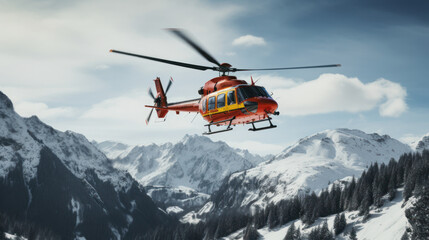 Fototapeta na wymiar Rescue helicopter landing at snow mountains