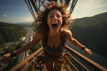 Woman conquering a fear by bungee jumping off a bridge  - stock photography concepts
