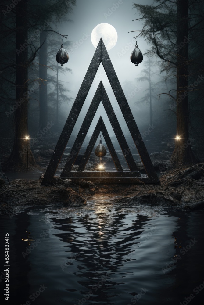 Poster a triangle shaped object in the middle of a dark forest. generative ai image.