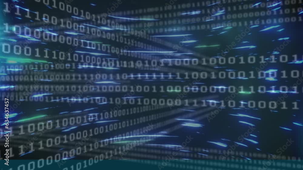 Poster animation of looping binary codes and circular beam pattern over black background