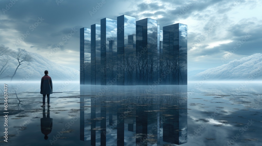 Poster a man standing in front of a building with a reflection of trees. generative ai image.