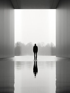 A man standing in a large room looking out into the water. Generative AI image.