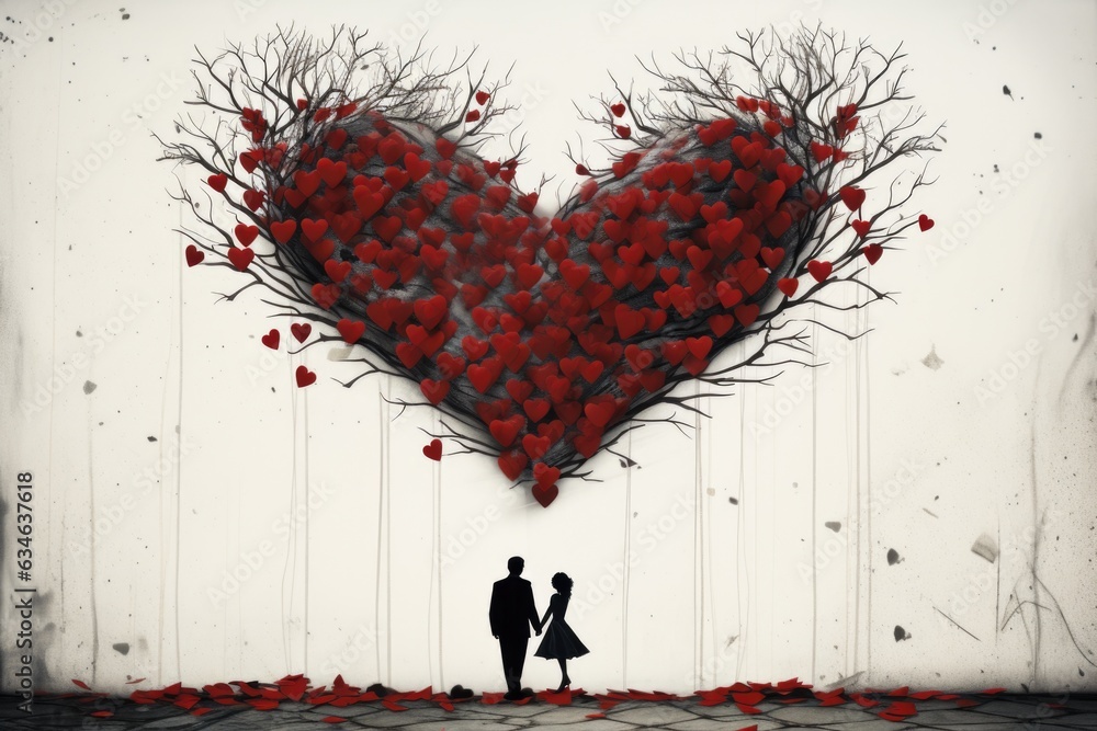 Poster a man and woman standing in front of a heart shaped tree. generative ai image.