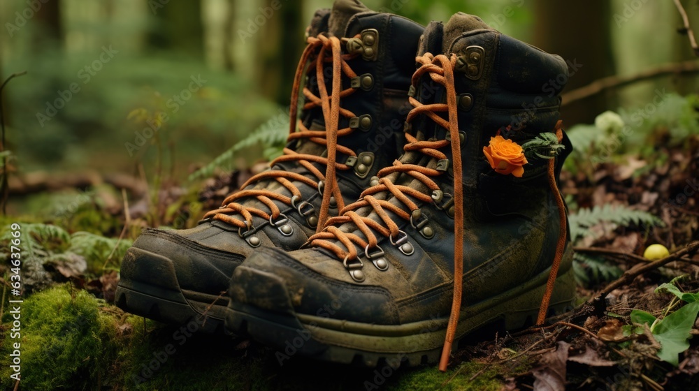 Poster a pair of hiking boots with laces tied to them in the forest. generative ai image.