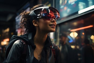 Woman using augmented reality glasses to navigate a bus - stock photography concepts