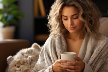 Woman wrapped in a cozy knit blanket with a book - stock photography concepts