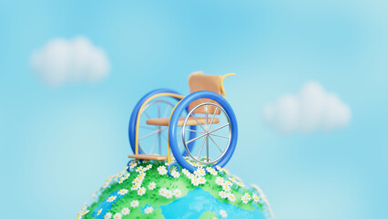 Wheelchair with abstract Earth. International Day of Persons with Disabilities. December 3 design concept. 3d render, 3d illustration.