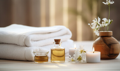Spa decoration with candle, daisies , white flowers and a bottle with massage oil, beauty wellness centre. Spa product are placed in luxury spa resort room. - obrazy, fototapety, plakaty
