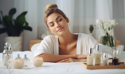 Beautiful woman relaxing in a spa salon. Spa products on table. Luxury spa resort room.