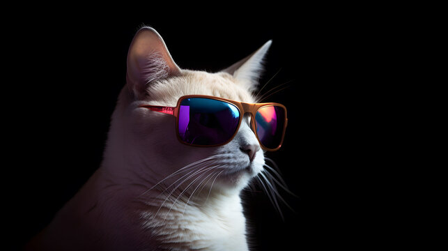 Closeup profle picture of a cute cool cat with sunglasses, fashion cat