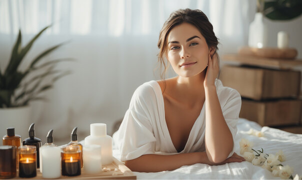 Beautiful woman relaxing in a spa salon. Spa products on table. Luxury spa resort room.