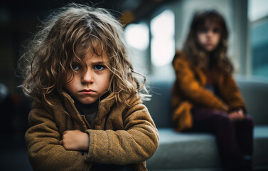 Neglected and Upset little girl with older sister in the backgroung, bad emotions, family arguments. mental health and well being of children and teenagers concept.