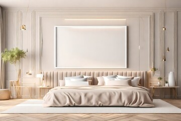 interior of bedroom and wall frame mockup