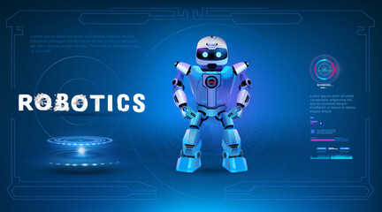 Futuristic AI Cyber banner with robot. Robotics banner and artificial intelligence concept. Modern robot chat-bot for business on the Internet
