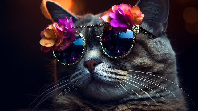 Closeup profle picture of a cute cool cat with sunglasses, fashion cat
