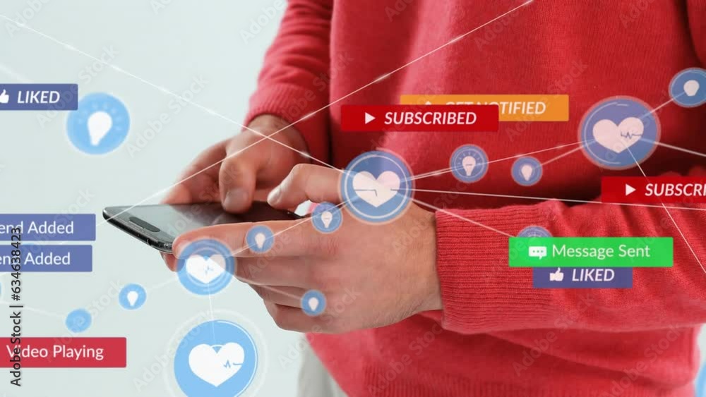Poster animation of notification bars and connected icons, midsection of caucasian man typing on cellphone