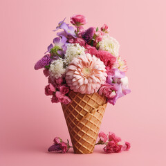 Bouquet of flowers in ice cream cone. Ai generated