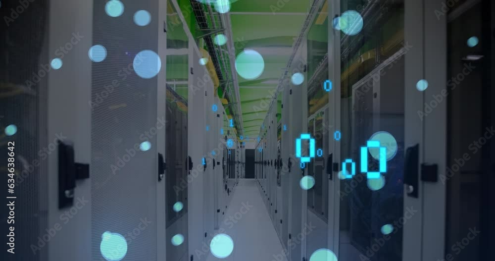 Poster animation of binary codes and falling lens flares over server room in background
