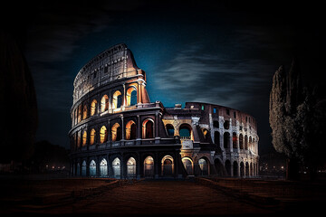 Colosseum illuminated at night in Roma, Italy