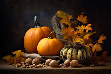 Fall classic still life with pumkins and gourds, nuts and leaves on a table on dark background © Delphotostock